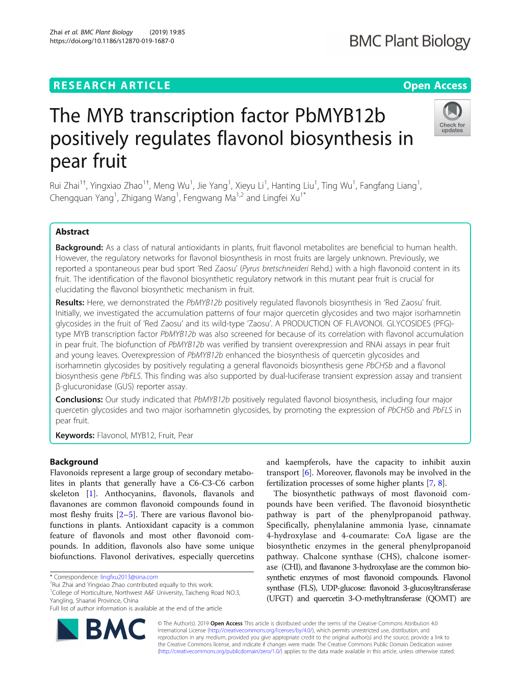 The MYB Transcription Factor Pbmyb12b Positively Regulates