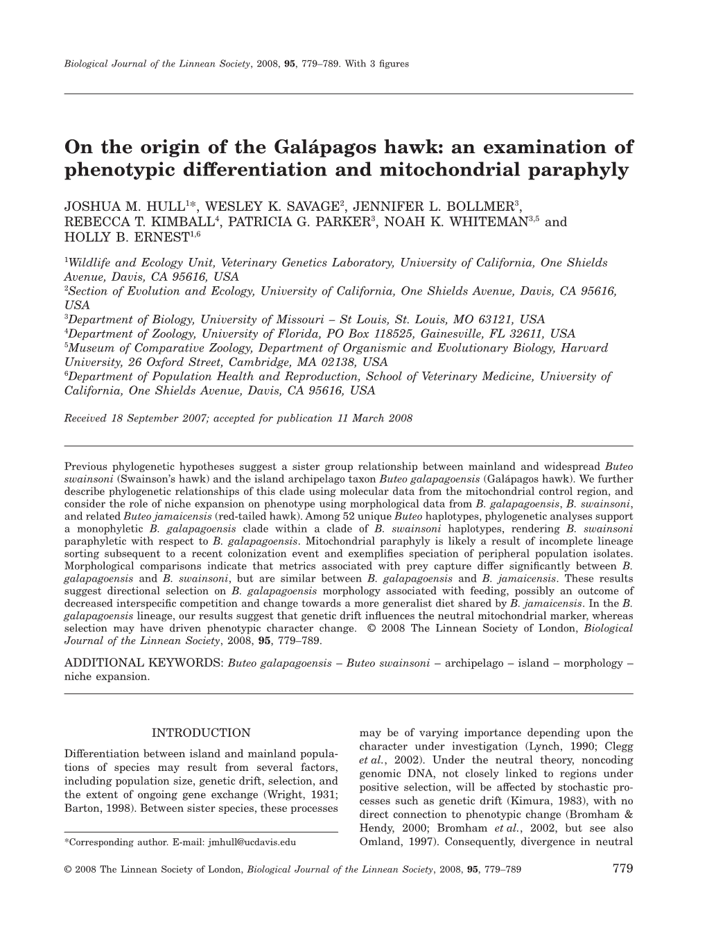 On the Origin of the Galápagos Hawk: an Examination of Phenotypic Differentiation and Mitochondrial Paraphyly