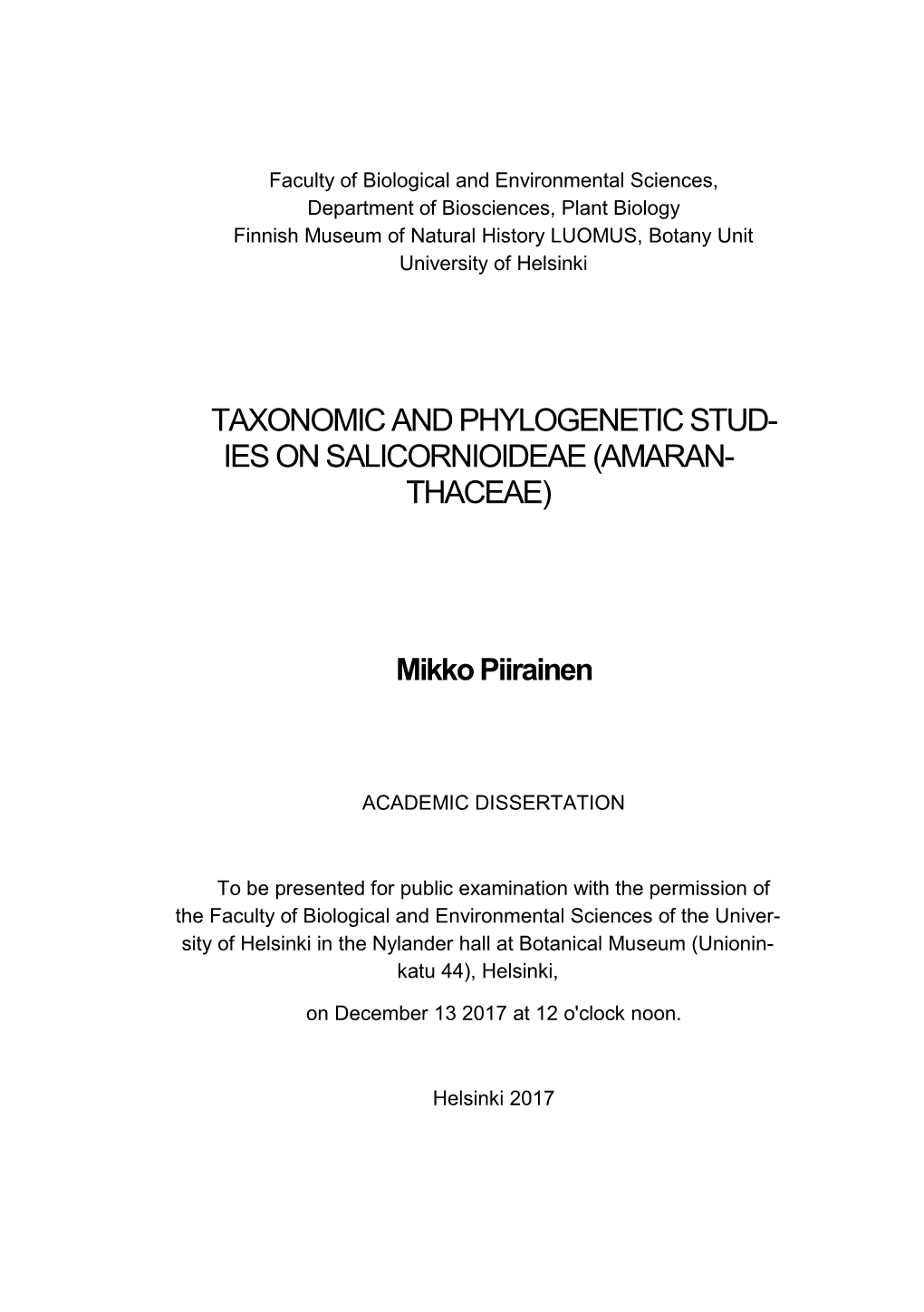 Taxonomic and Phylogenetic Studies on Salicornioideae