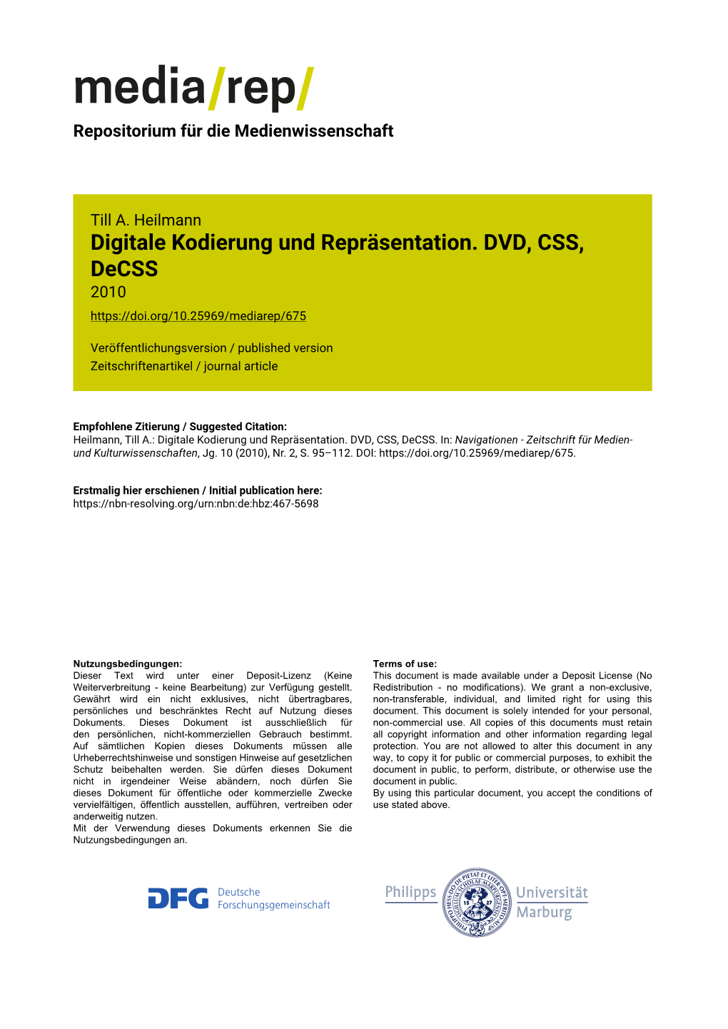 Digitale Kodierung Und Repräsentation. DVD, CSS, Decss 2010