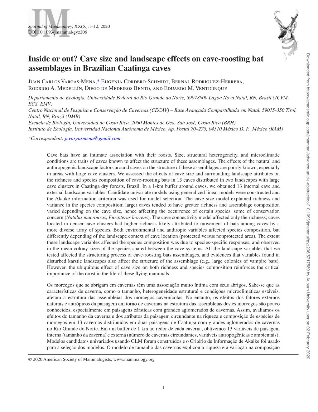 Inside Or Out? Cave Size and Landscape Effects on Cave-Roosting Bat Assemblages in Brazilian Caatinga Caves