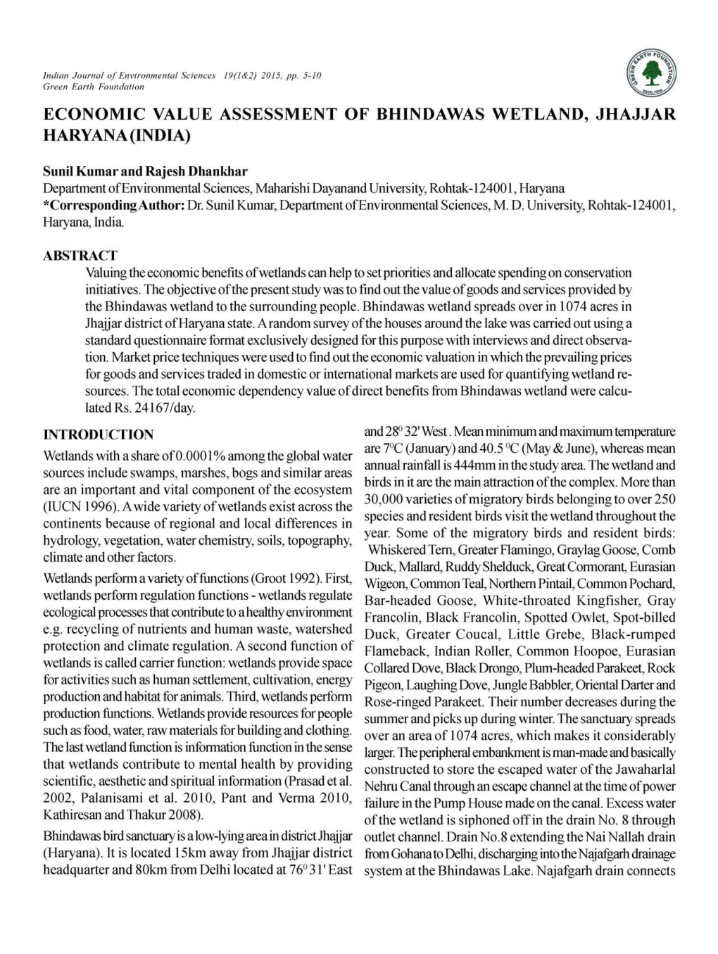 Economic Value Assessment of Bhindawas Wetland, Jhajjar Haryana(India)