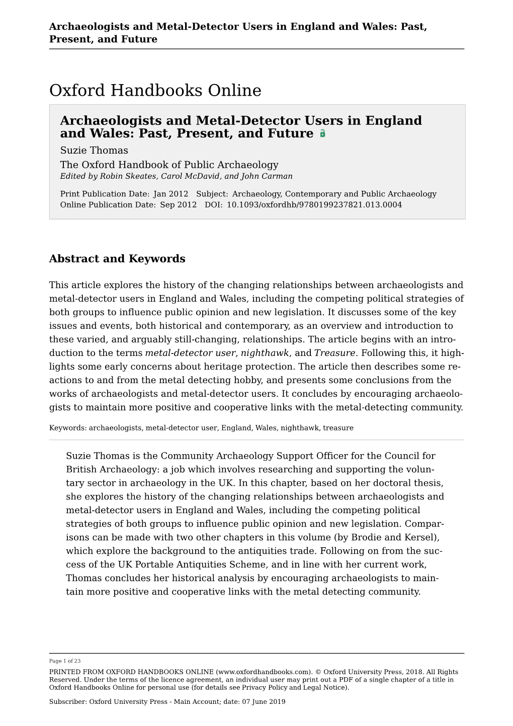 Archaeologists and Metal-Detector Users in England and Wales: Past, Present, and Future