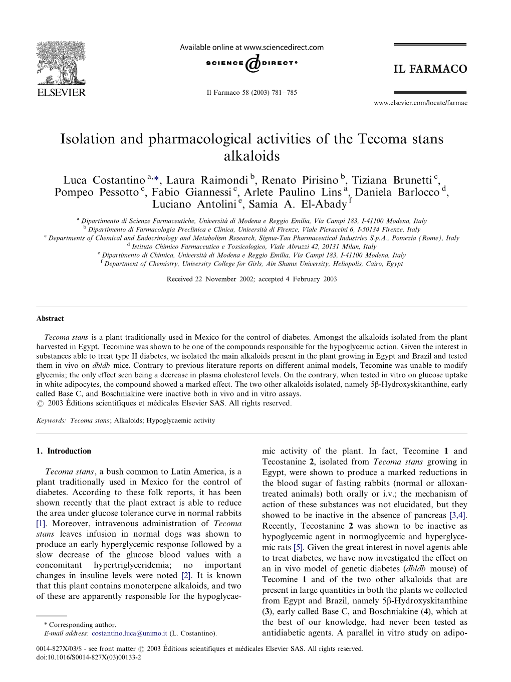 Isolation and Pharmacological Activities of the Tecoma Stans Alkaloids