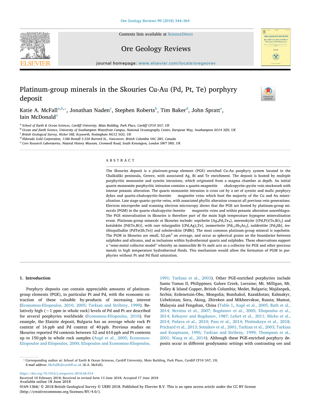 Ore Geology Reviews Platinum-Group Minerals in the Skouries Cu-Au (Pd, Pt, Te) Porphyry Deposit