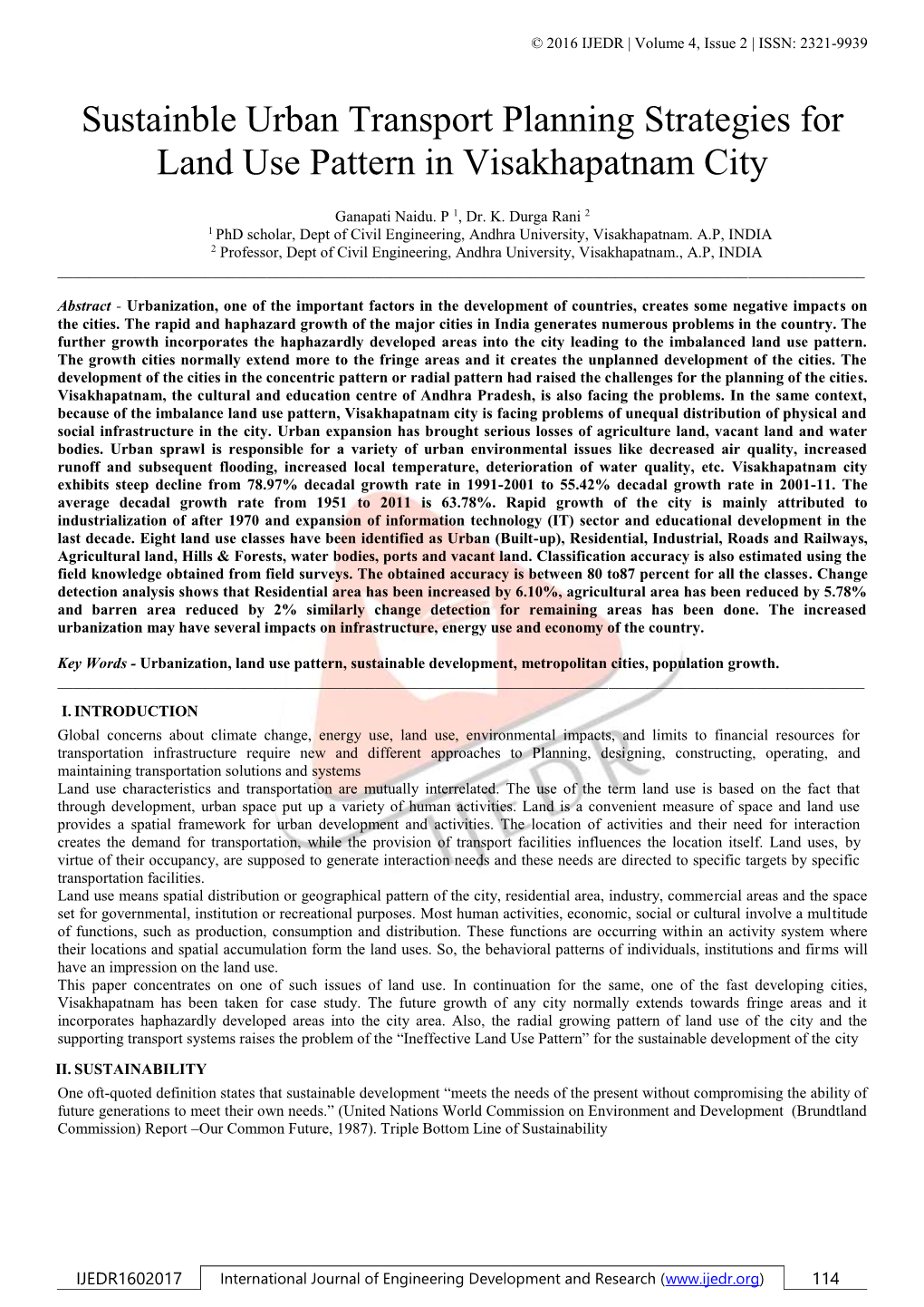 Sustainble Urban Transport Planning Strategies for Land Use Pattern in Visakhapatnam City