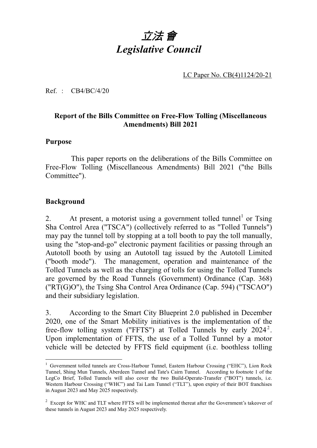 Report of the Bills Committee on Free-Flow Tolling (Miscellaneous Amendments) Bill 2021