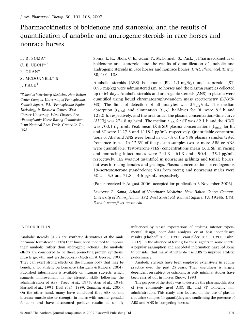 Pharmacokinetics of Boldenone and Stanozolol and the Results of Quantification of Anabolic and Androgenic Steroids in Race Horse