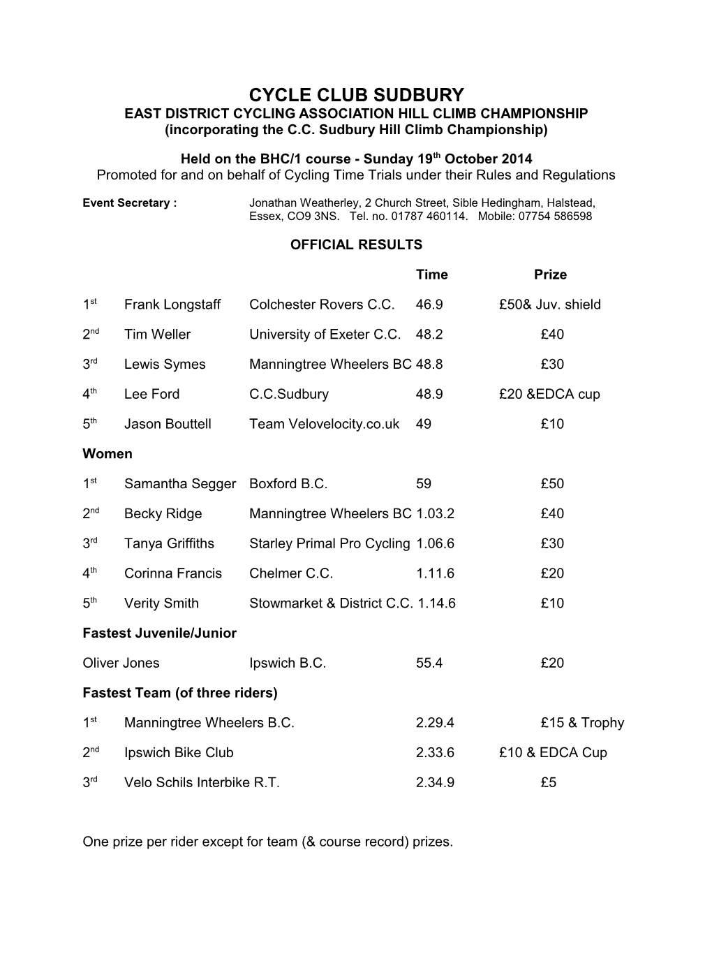 CYCLE CLUB SUDBURY EAST DISTRICT CYCLING ASSOCIATION HILL CLIMB CHAMPIONSHIP (Incorporating the C.C