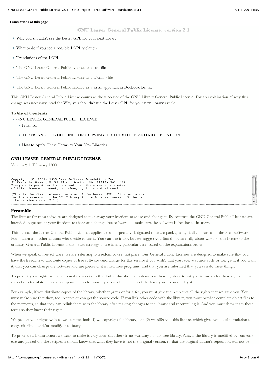 GNU Lesser General Public License V2.1 - GNU Project - Free Software Foundation (FSF) 04.11.09 14:35