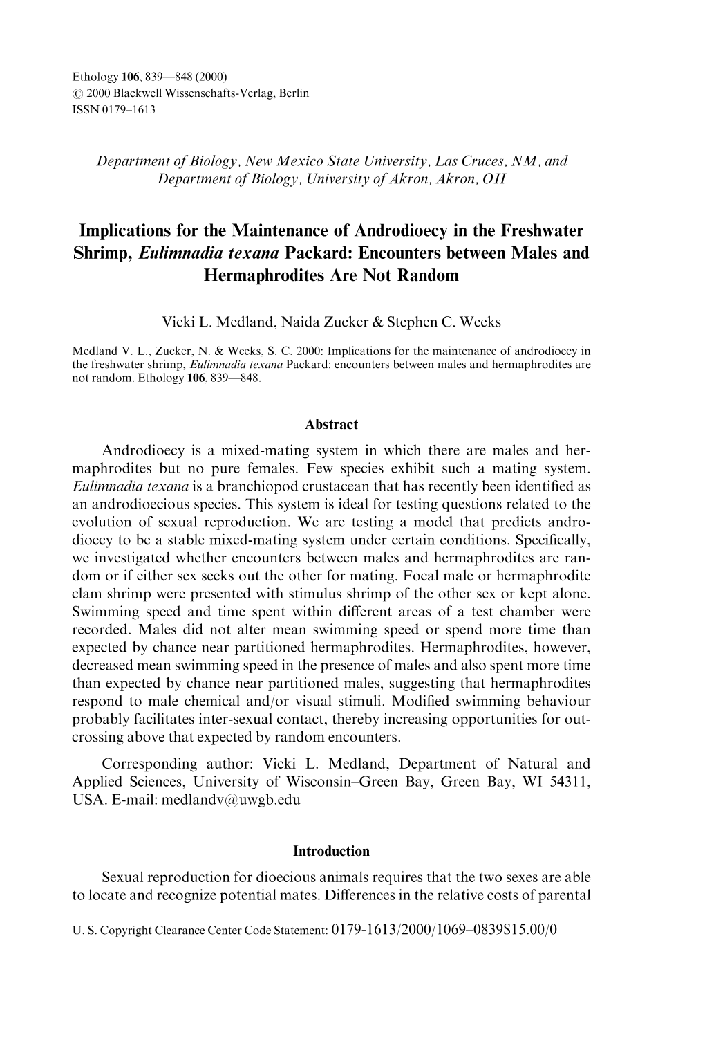 Implications for the Maintenance of Androdioecy in the Freshwater Shrimp, Eulimnadia Texana Packard: Encounters Between Males and Hermaphrodites Are Not Random