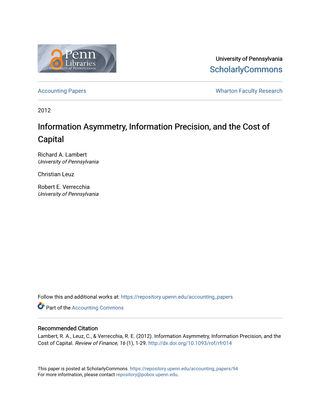 Information Asymmetry, Information Precision, and the Cost of Capital