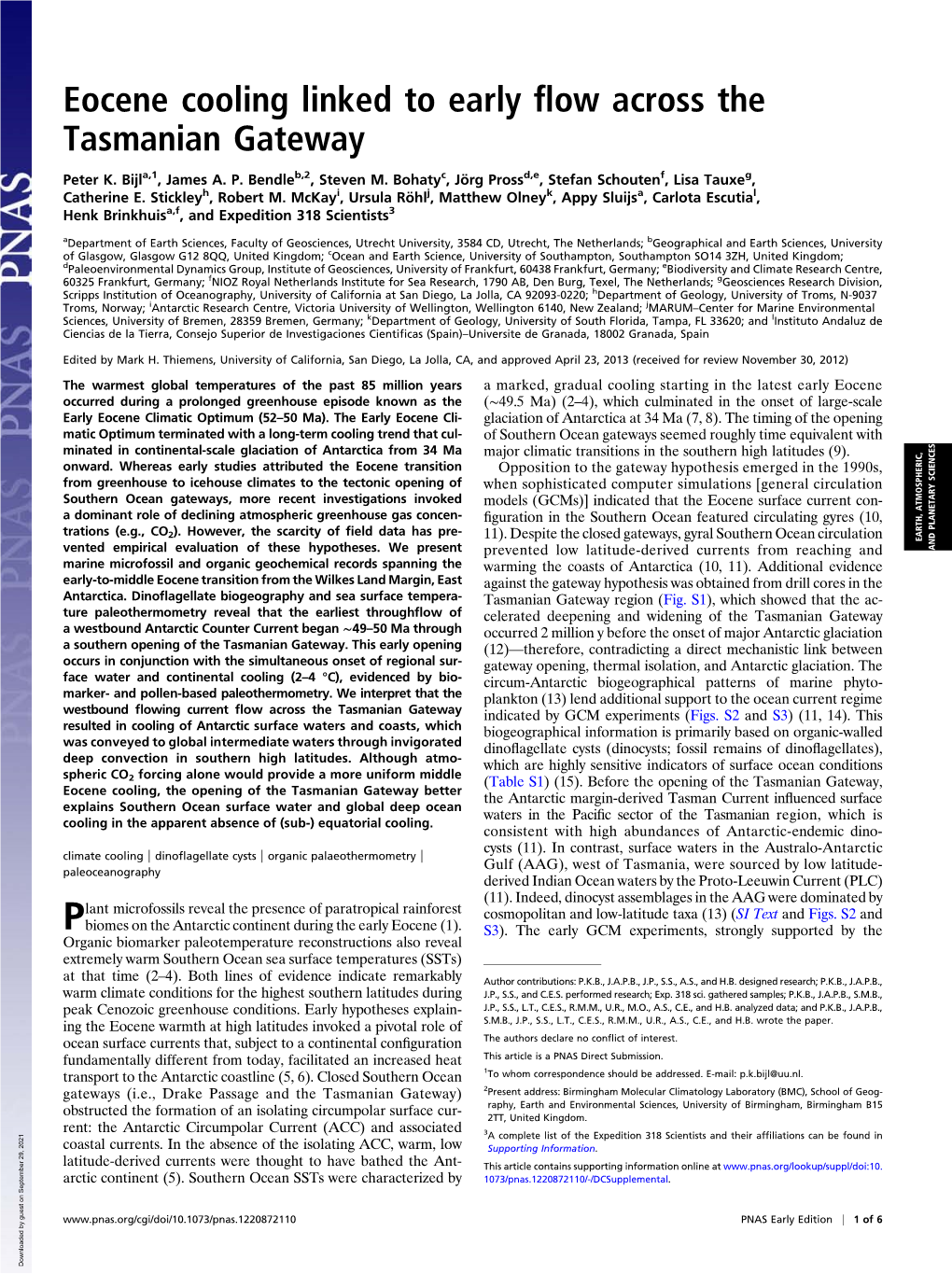 Eocene Cooling Linked to Early Flow Across the Tasmanian Gateway