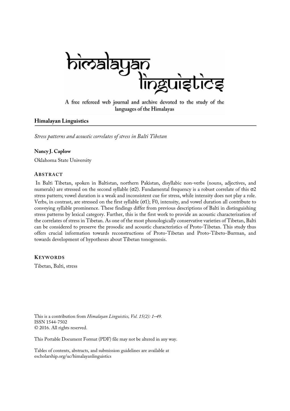 Himalayan Linguistics Stress Patterns and Acoustic Correlates of Stress In