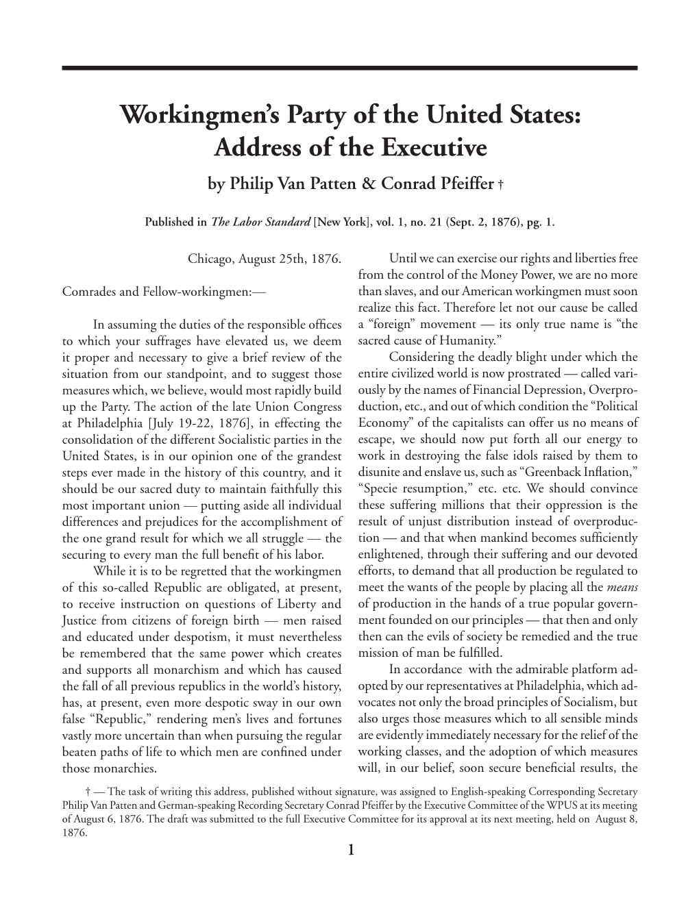 Workingmen's Party of the United States: Address of the Executive