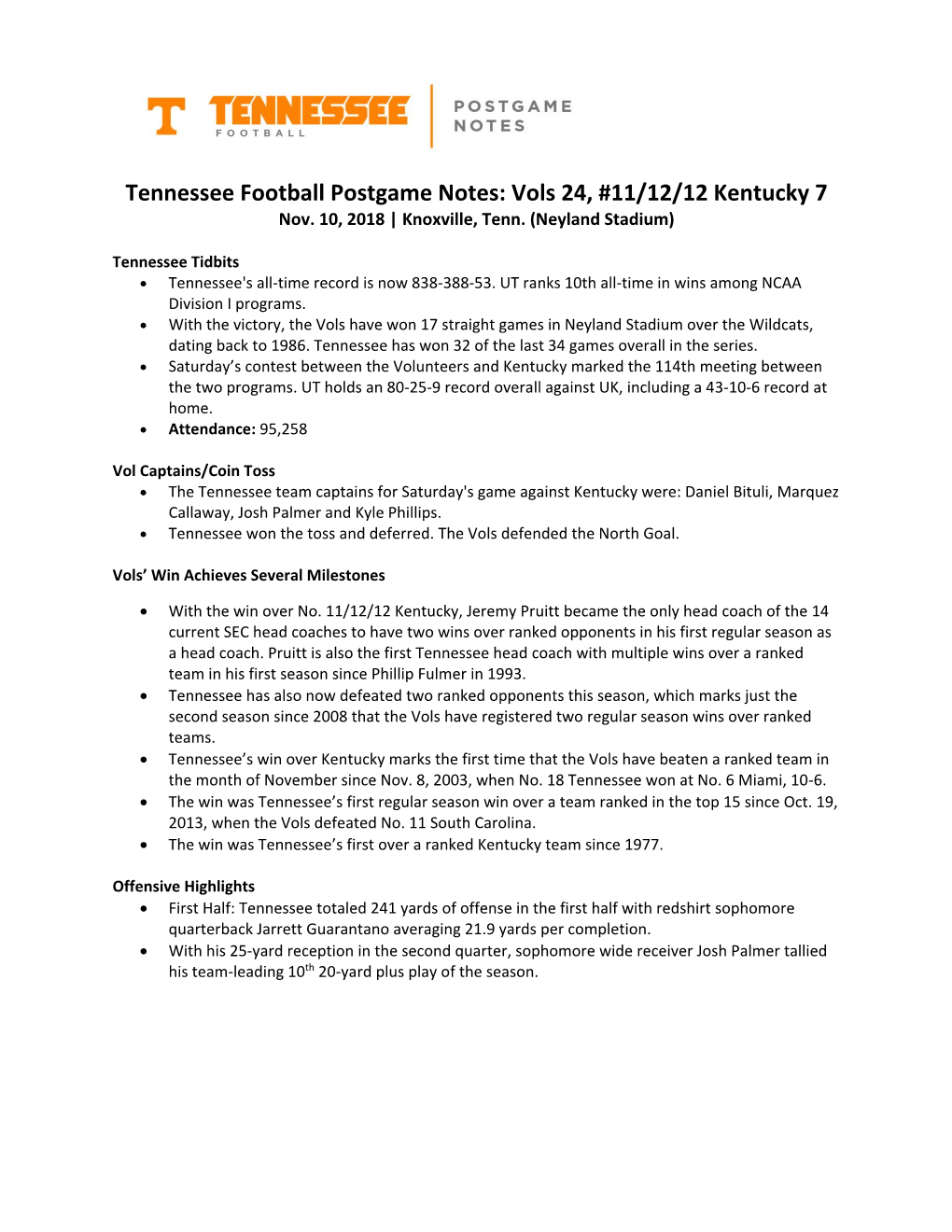 Tennessee Football Postgame Notes: Vols 24, #11/12/12 Kentucky 7 Nov