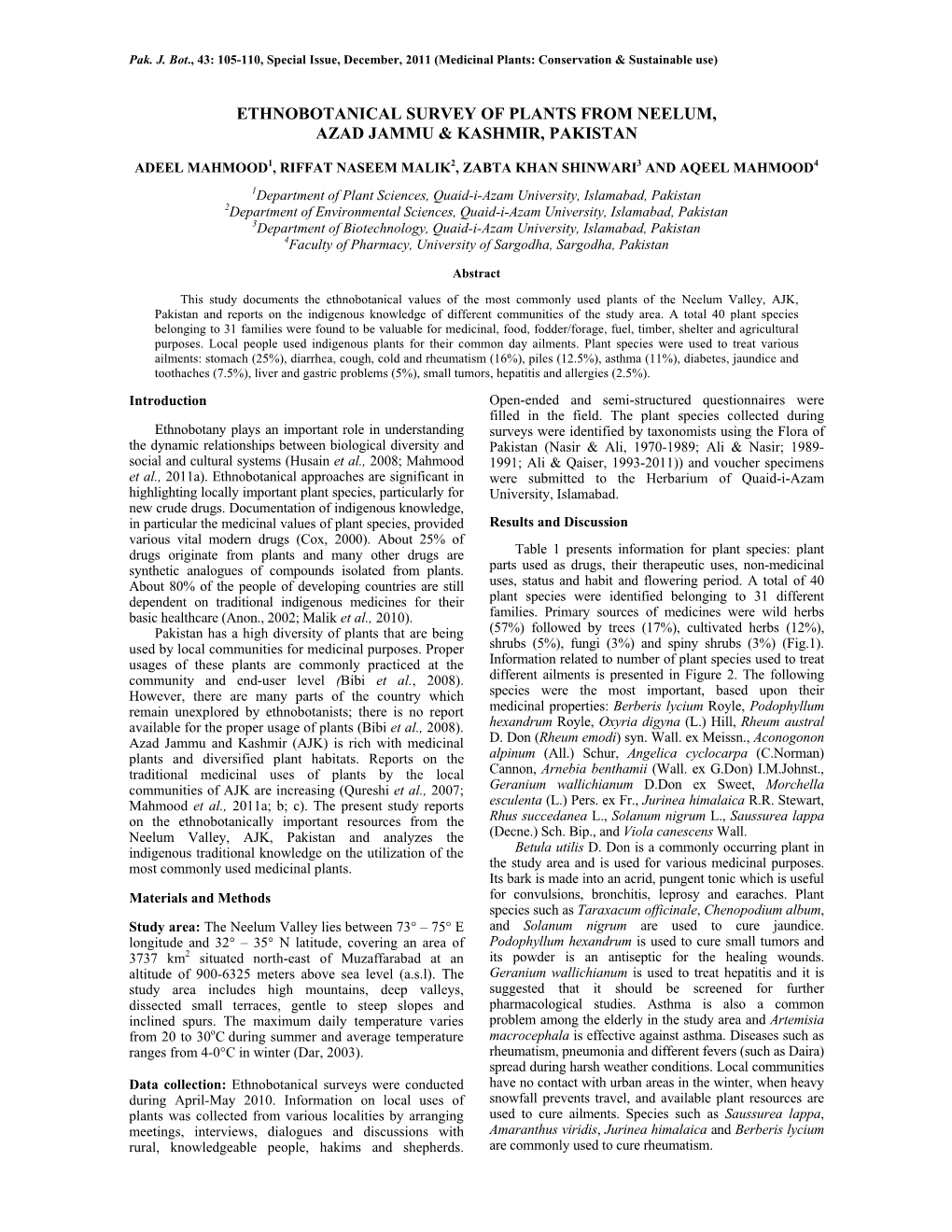 Ethnobotanical Survey of Plants from Neelum, Azad Jammu & Kashmir