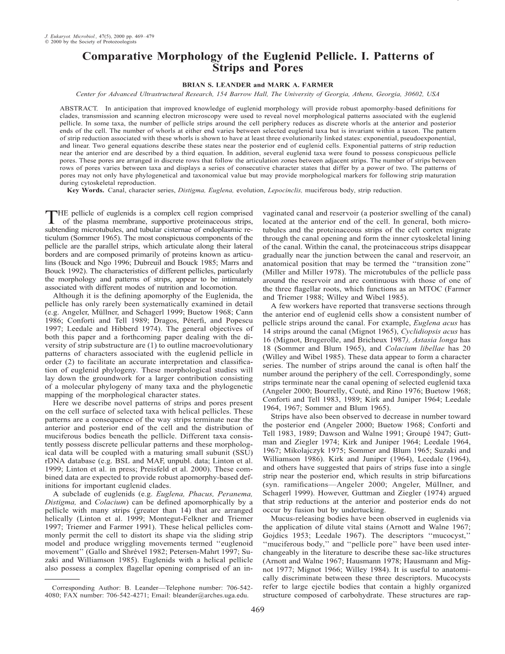 Comparative Morphology of the Euglenid Pellicle. I. Patterns of Strips and Pores