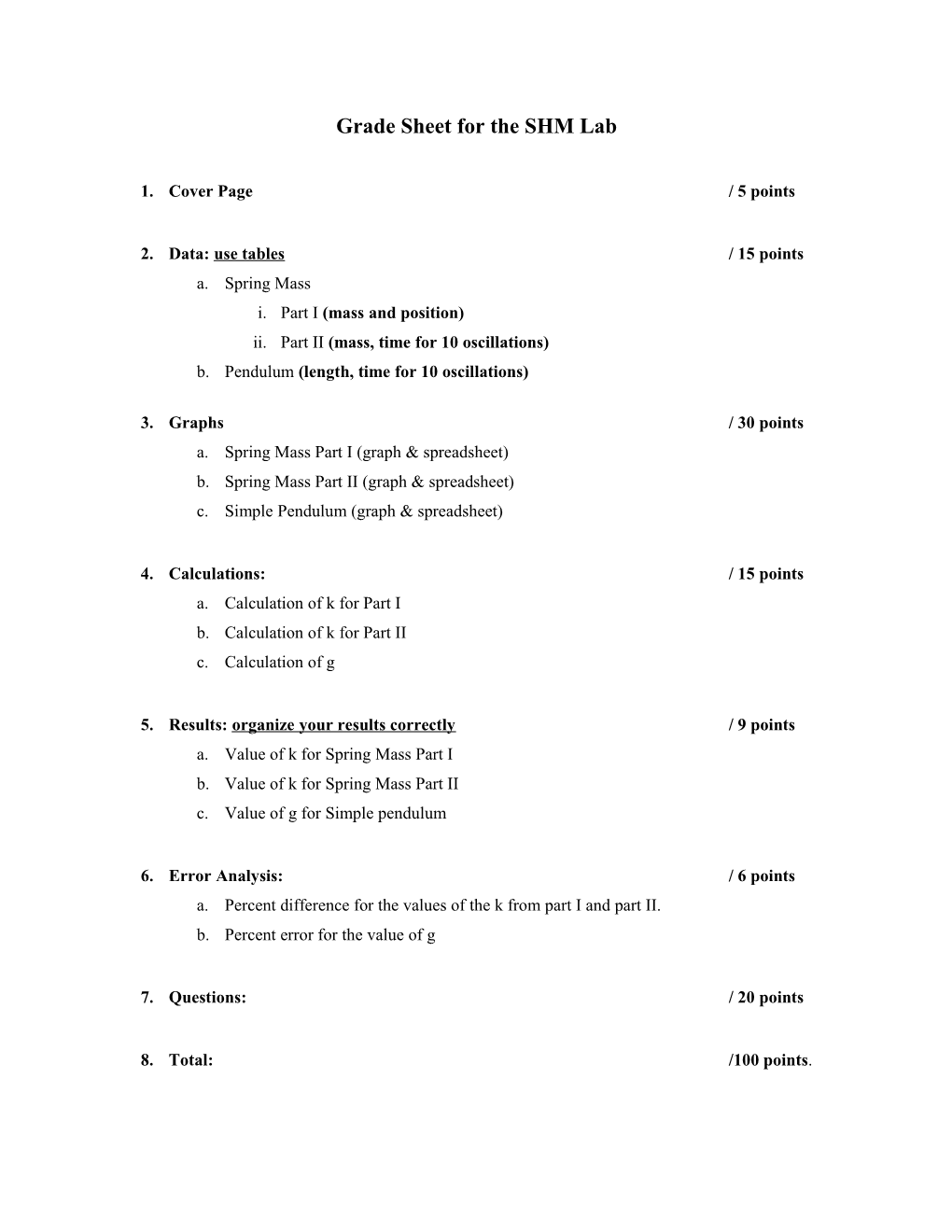 Grade Sheet for the Friction Experiment