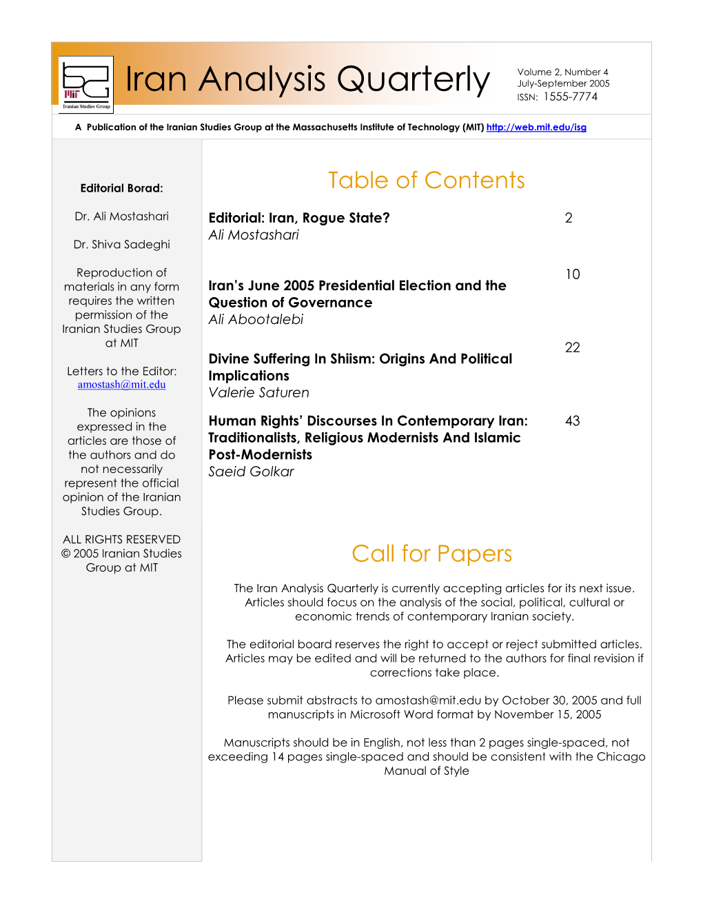 Iran Analysis Quarterly July-September 2005 ISSN: 1555-7774