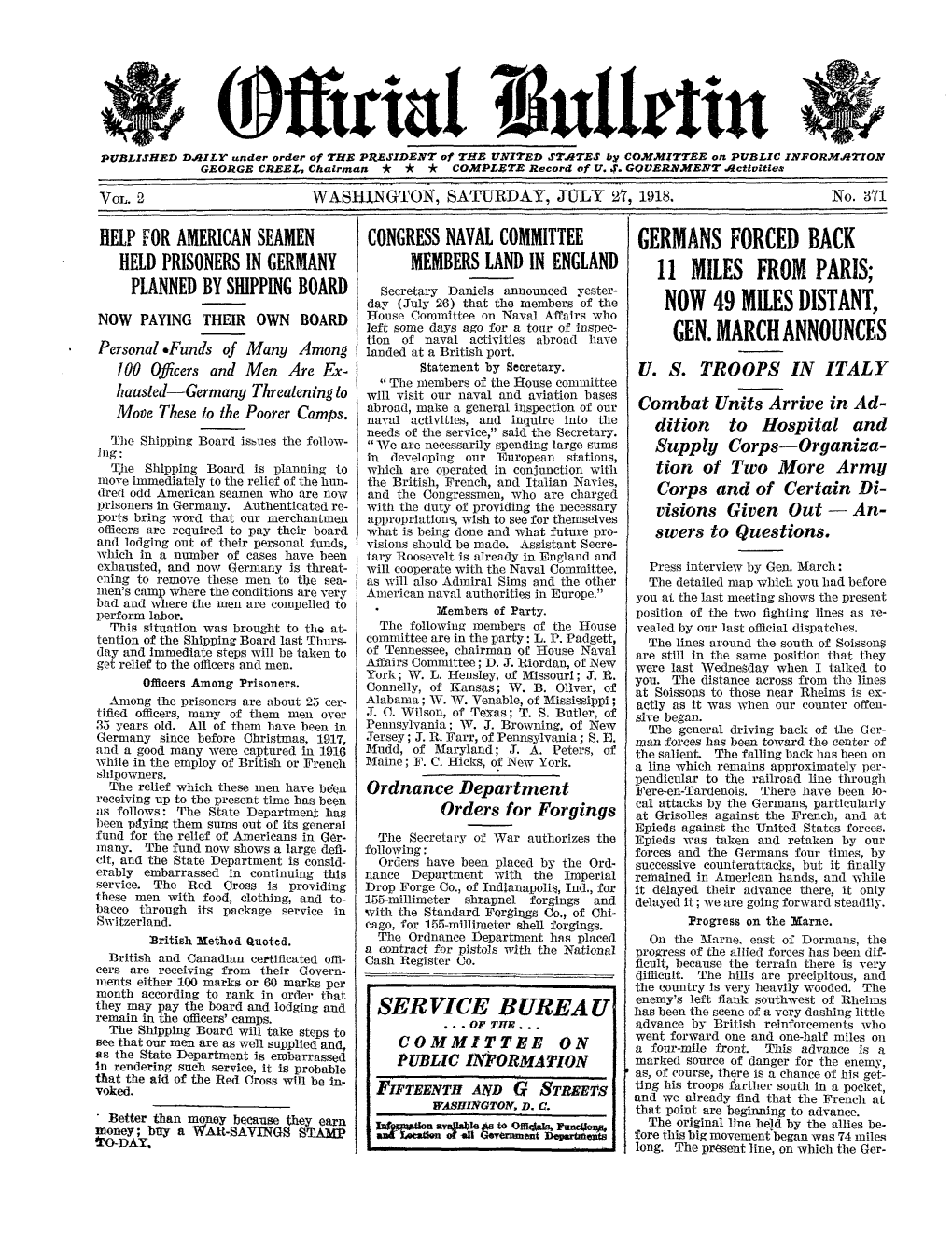 (9Llritalultin. PUBLISHED Dazly Under Order of the PRESIDENT of the UNITED STATES by COMMITTEE on PUBLIC INFORMATION GEORGE CREE, Chairman * * * COMPLETE Record of U