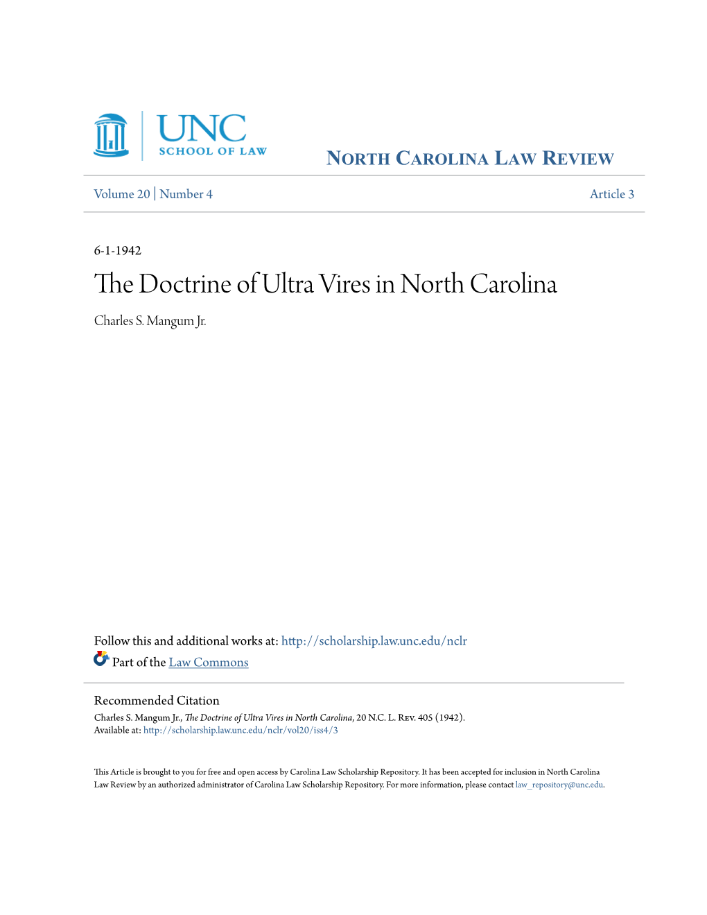 The Doctrine of Ultra Vires in North Carolina, 20 N.C