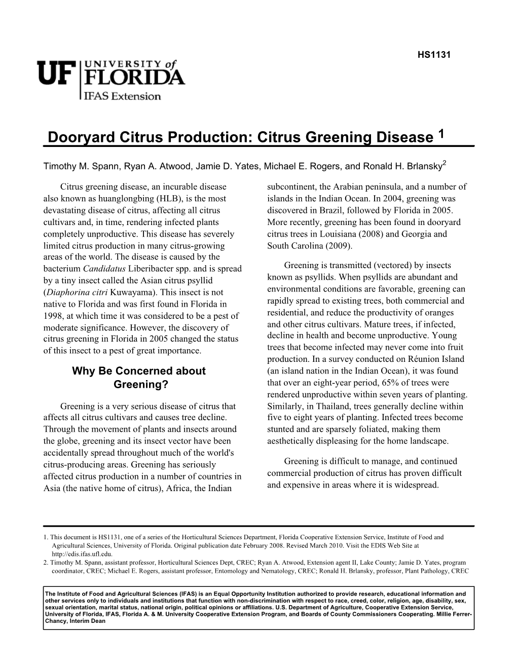 Dooryard Citrus Production: Citrus Greening Disease 1