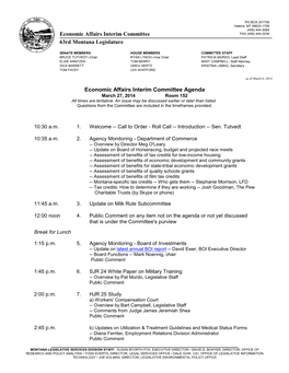 Economic Affairs Interim Committee 63Rd Montana Legislature Economic Affairs Interim Committee Agenda