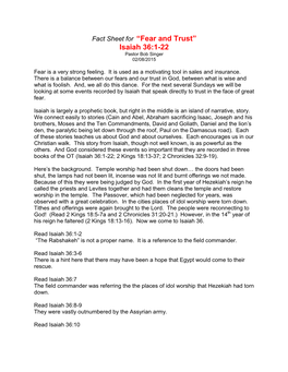 Fact Sheet for “Fear and Trust” Isaiah 36:1-22 Pastor Bob Singer 02/08/2015
