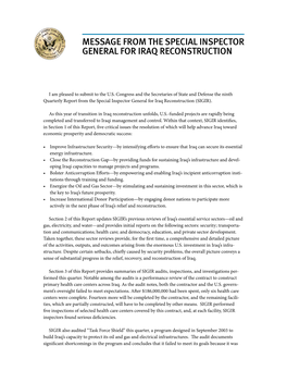 Message from the Special Inspector General for Iraq Reconstruction