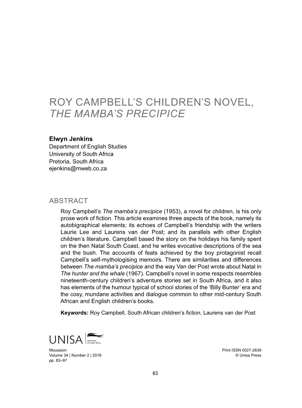 Roy Campbell's Children's Novel, the Mamba's Precipice