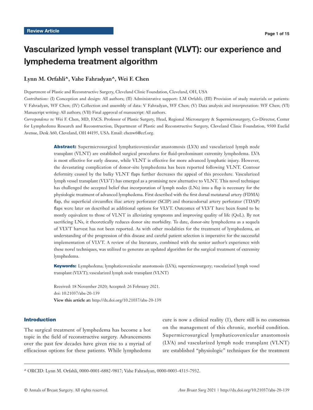 Vascularized Lymph Vessel Transplant (VLVT): Our Experience and Lymphedema Treatment Algorithm