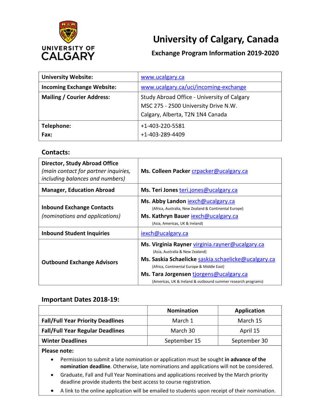 University of Calgary, Canada Exchange Program Information 2019-2020