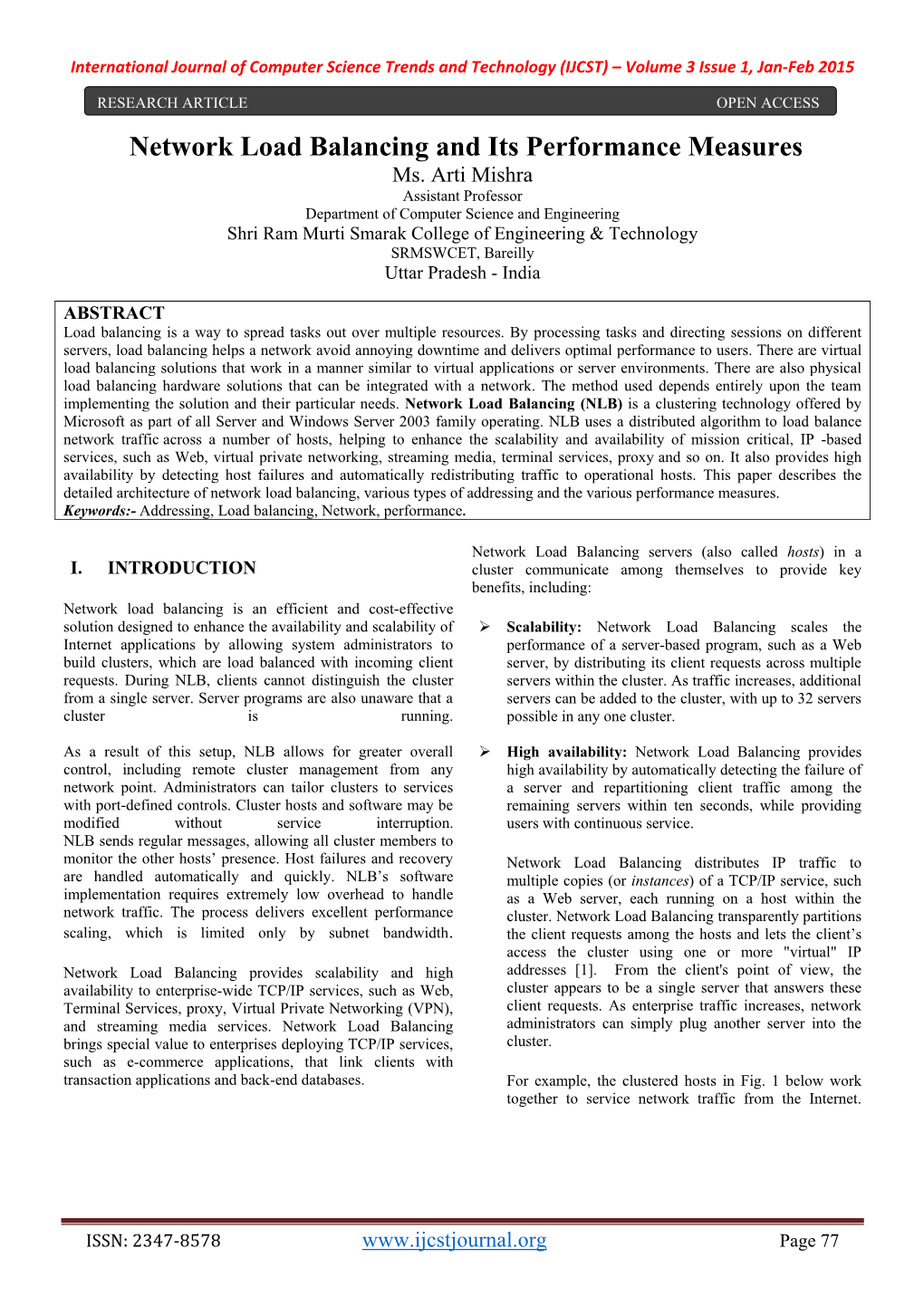 Network Load Balancing and Its Performance Measures Ms