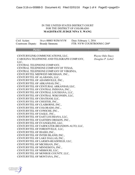 IN the UNITED STATES DISTRICT COURT for the DISTRICT of COLORADO MAGISTRATE JUDGE NINA Y. WANG Civil Action: 16-Cv-00003-WJM-N