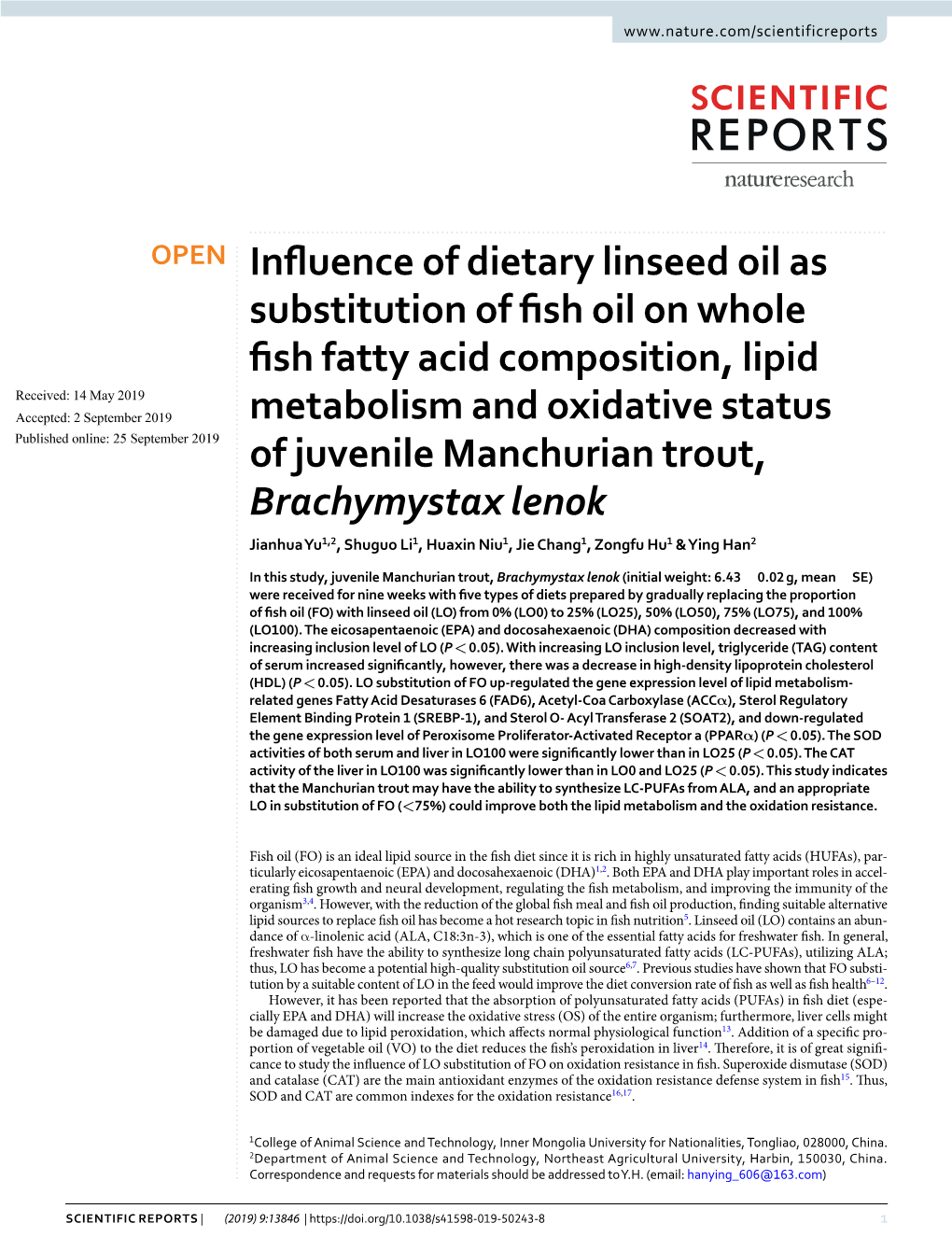 Influence of Dietary Linseed Oil As Substitution of Fish Oil On