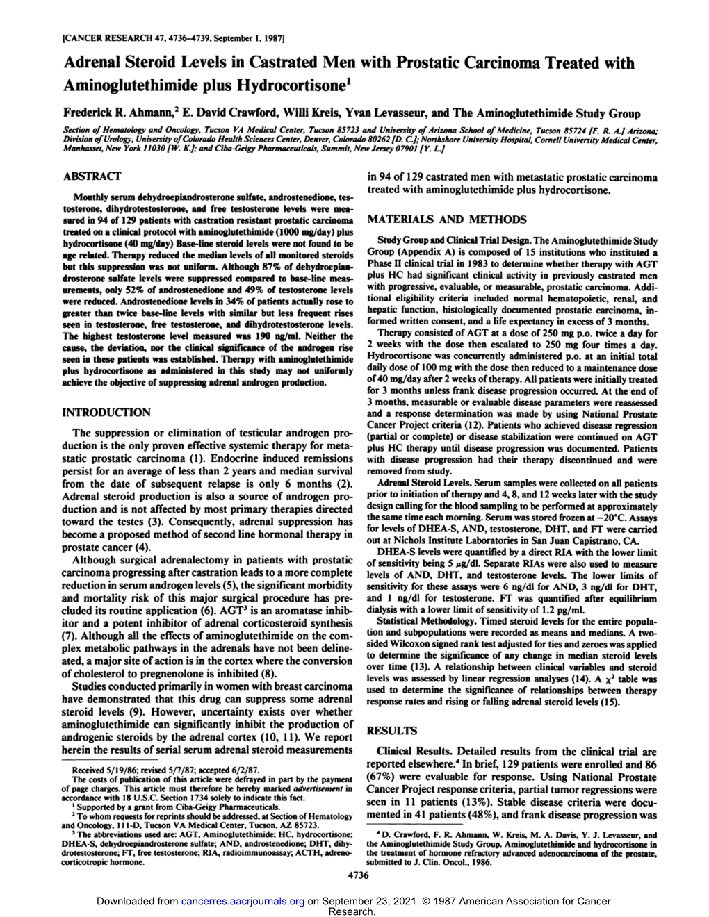 Adrenal Steroid Levels in Castrated Men with Prostatic Carcinoma Treated with Aminoglutethimide Plus Hydrocortisone1 Frederick R