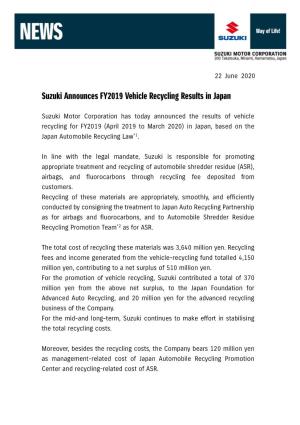 Suzuki Announces FY2019 Vehicle Recycling Results in Japan