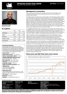 HIPGNOSIS SONGS FUND LIMITED Fact Sheet: January 2021 Ticker: SONG.L (Sterling); SOND.L (US Dollar)