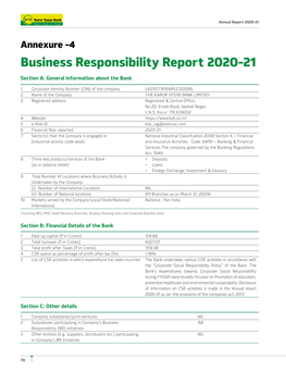 Business Responsibility Report 2020-21 Section A: General Information About the Bank