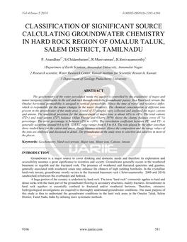 Classification of Significant Source Calculating Groundwater Chemistry in Hard Rock Region of Omalur Taluk, Salem District, Tamilnadu
