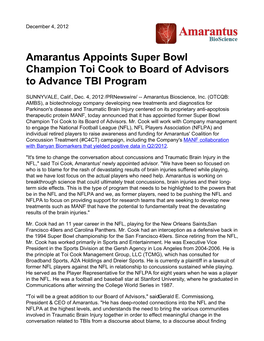 Amarantus Appoints Super Bowl Champion Toi Cook to Board of Advisors to Advance TBI Program
