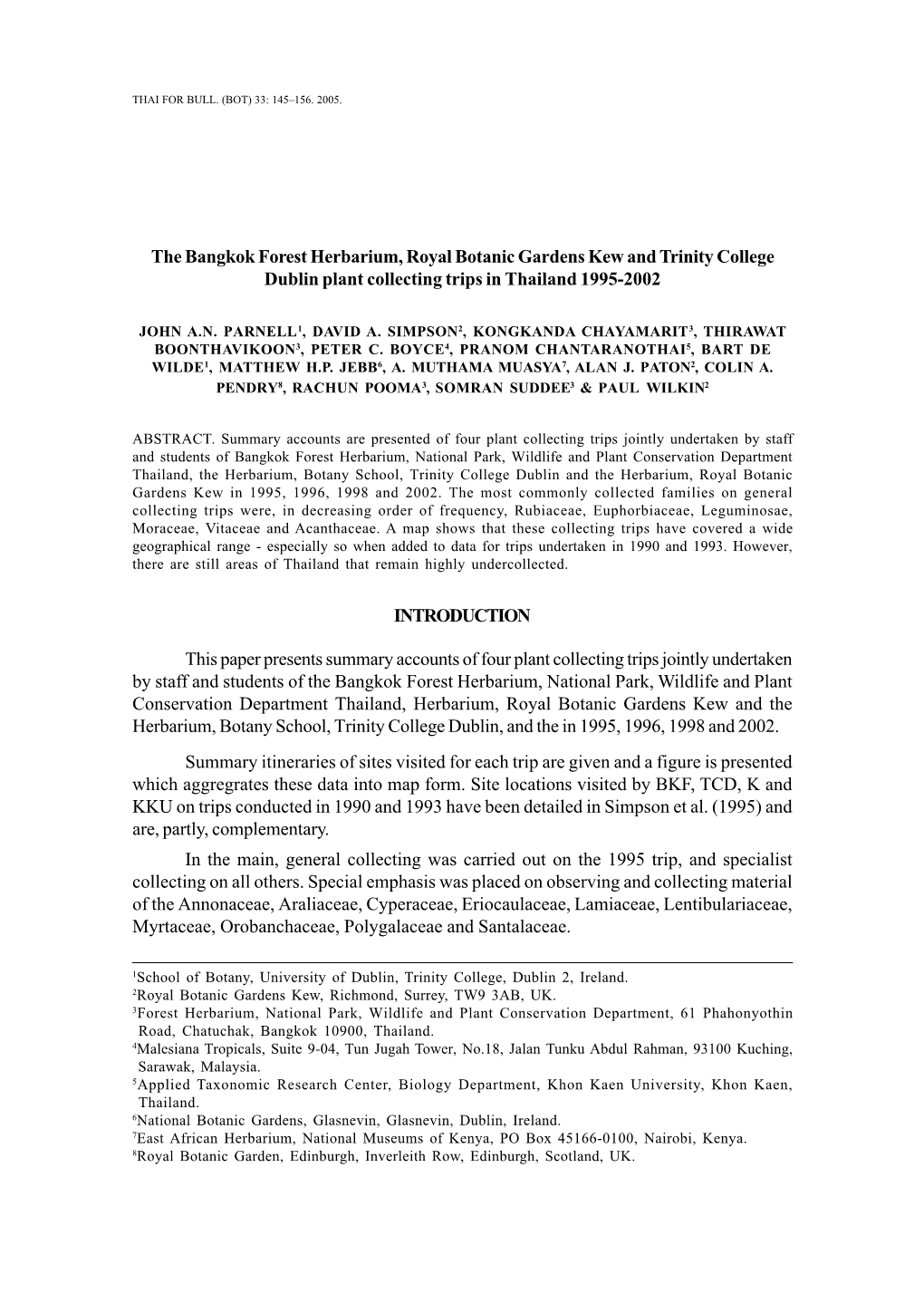 The Bangkok Forest Herbarium, Royal Botanic Gardens Kew and Trinity College Dublin Plant Collecting Trips in Thailand 1995-2002