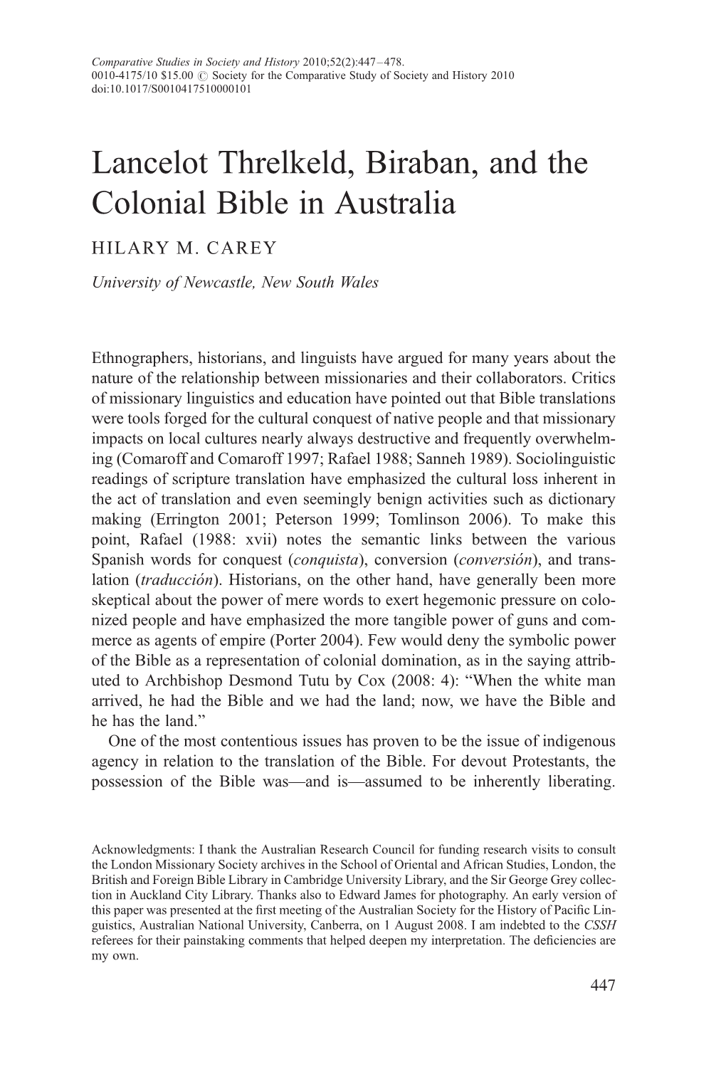 Lancelot Threlkeld, Biraban, and the Colonial Bible in Australia