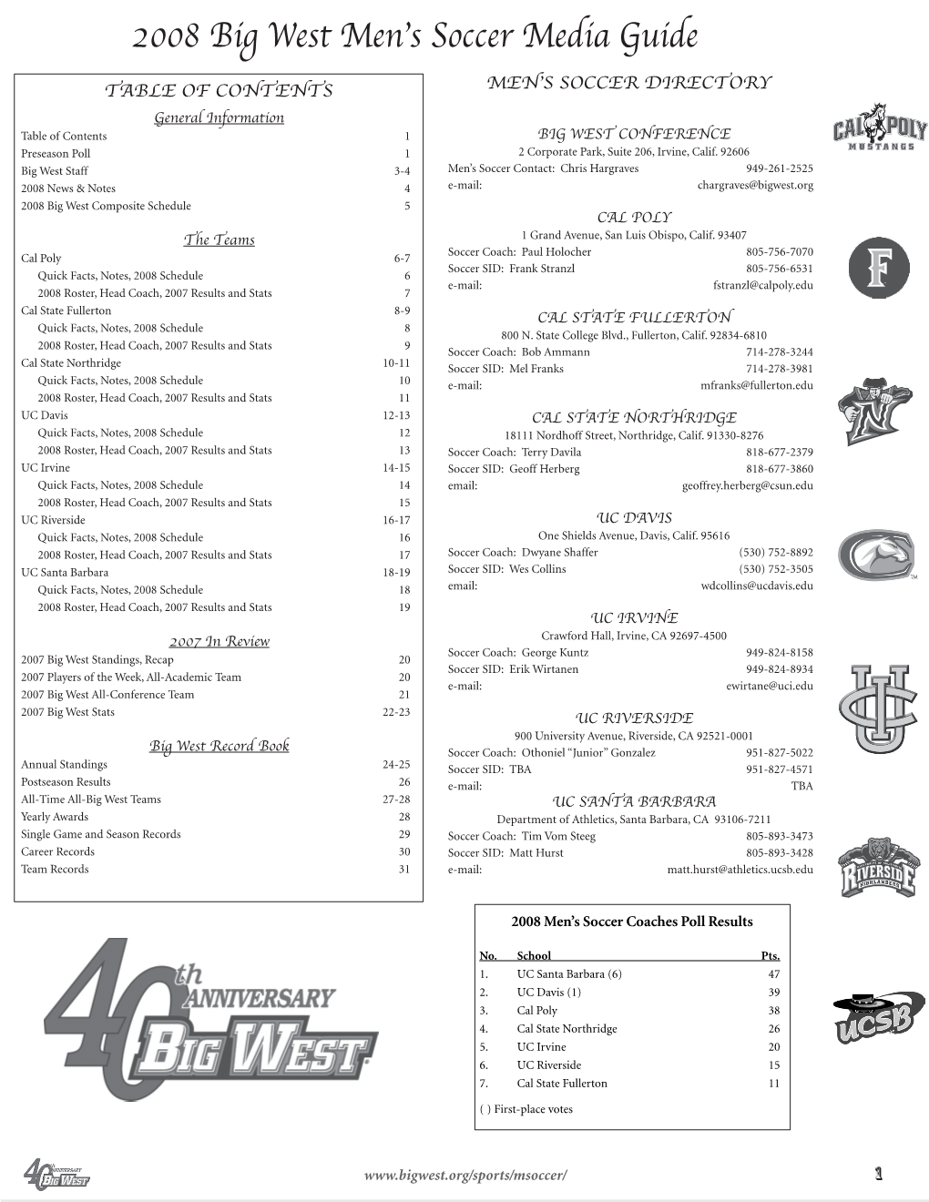 2008 Big West Men's Soccer Media Guide