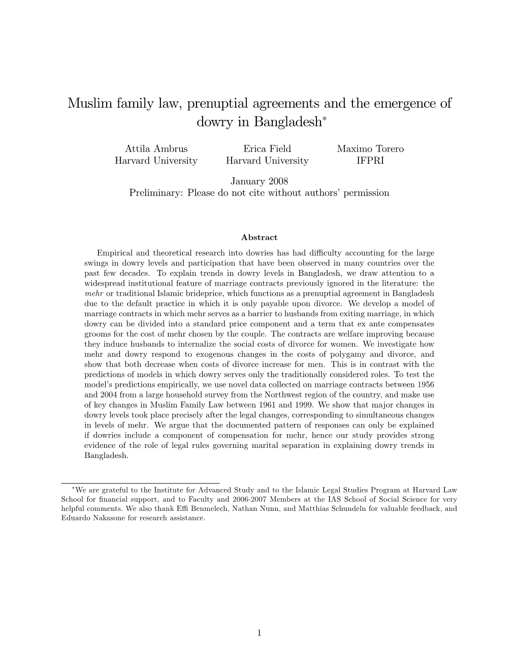 Muslim Family Law, Prenuptial Agreements and the Emergence of Dowry in Bangladesh