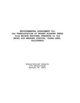 ENVIRONMENTAL ASSESSMENT for the TRANSLOCATION of DESERT BIGHORN SHEEP from MOJAVE NATIONAL PRESERVE to the NAVAL AIR WEAPONS STATION, CHINA LAKE, CALIFORNIA