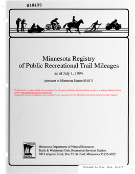 Minnesota Registry of Public Recreational Trail Mileages As of July 1, 1994