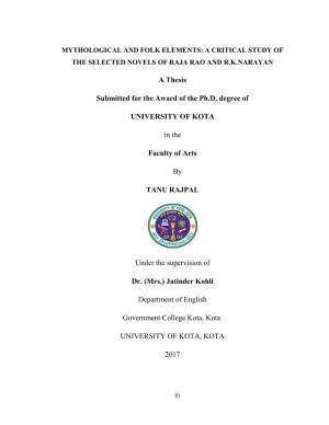 A Thesis Submitted for the Award of the Ph.D. Degree of UNIVERSITY of KOTA in the Faculty of Arts by TANU RAJPAL Under the Supe