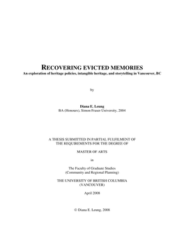 RECOVERING EVICTED MEMORIES an Exploration of Heritage Policies, Intangible Heritage, and Storytelling in Vancouver, BC